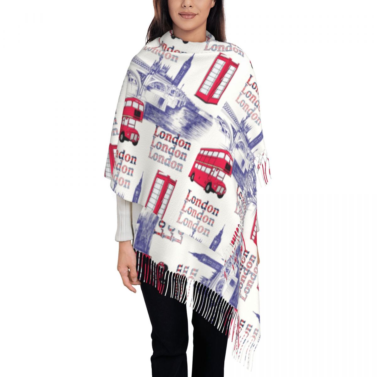 Pashmina Wrap Large - ผ้าคลุมไหล่ลายพิมพ์อังกฤษ สไตล์วินเทจ สีแดง ขนาดใหญ่ ยาว อุ่น