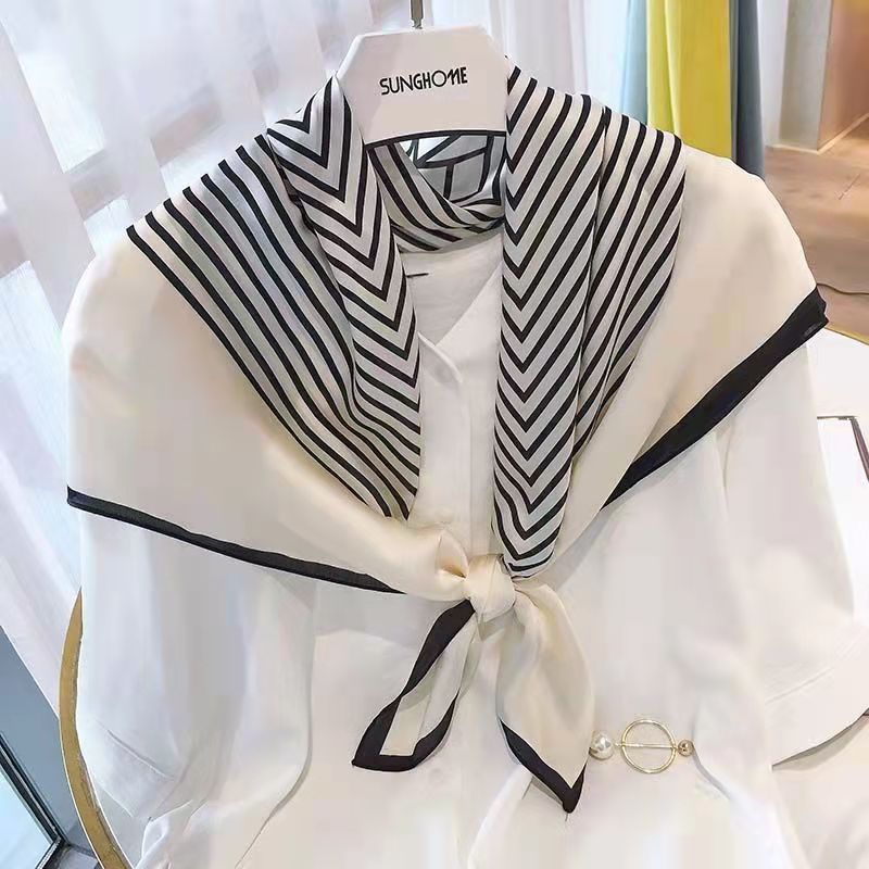 Silk Tie Striped - แฟชั่นสแควร์ 70 ซม.สีดําและสีขาวลายผ้าพันคอผ้าพันคอผู้หญิง Hijab Shawls Kerchief