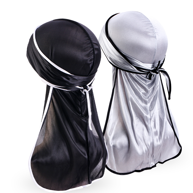 Bandana Doo Rag - 2ชิ้น/ล็อต unisex ผู้ชายผ้าซาติน durag สีดำเย็บนุ่มลื่นทนทานระบายอากาศได้ดีหมวกโจรสลัด Doo