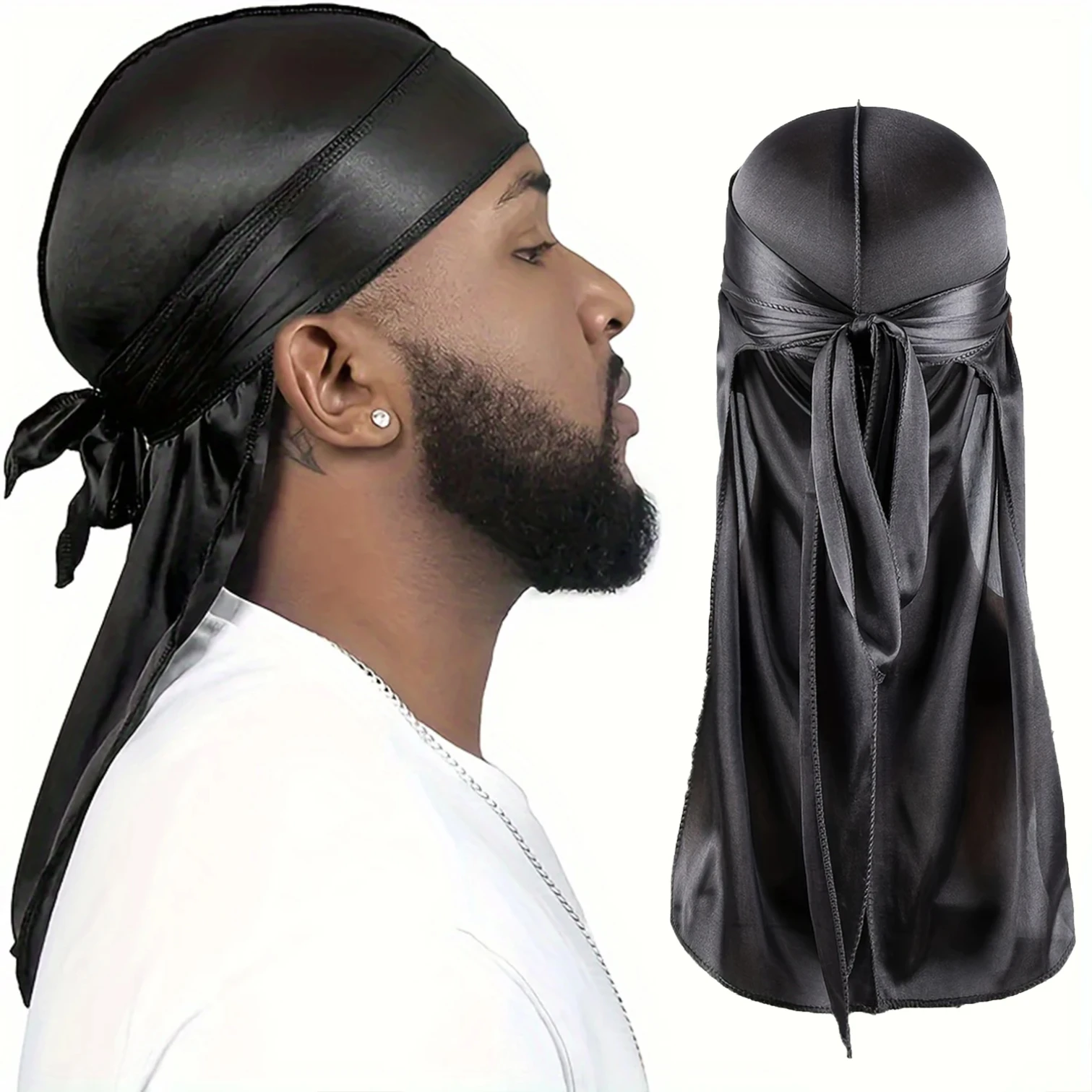 Bandana Doo Rag - ผ้าโพกศีรษะผ้าไหมสำหรับผู้ชาย ผ้าพันคอไหม ผ้าดูแร็ก ผ้าดูดูแร็ก ผ้าโพกหัวแบบยาวสำหรับผมหยักศก