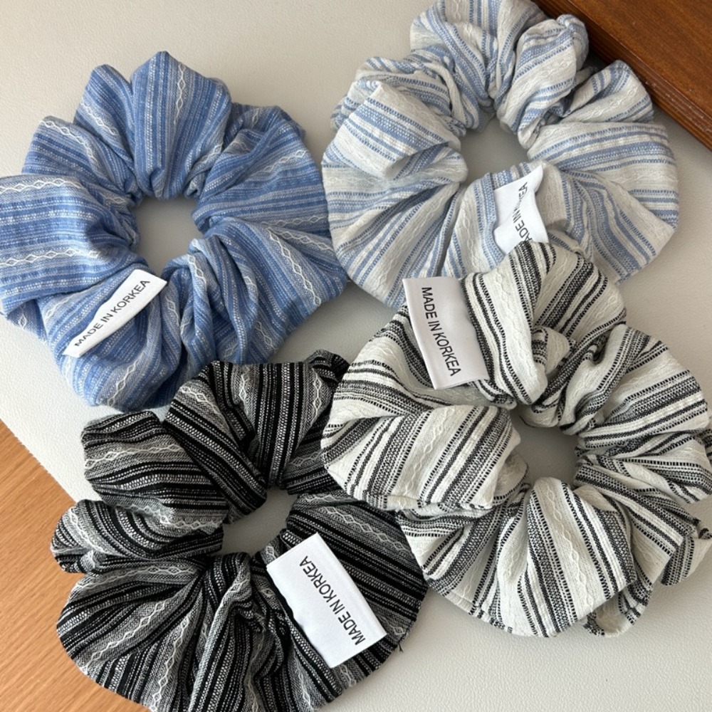 Silk Tie Striped - ยางรัดผมลายทางแฟชั่นเกาหลี ปี 2025 สำหรับเด็กผู้หญิง สีฟ้า ยางรัดผมแบบใหญ่