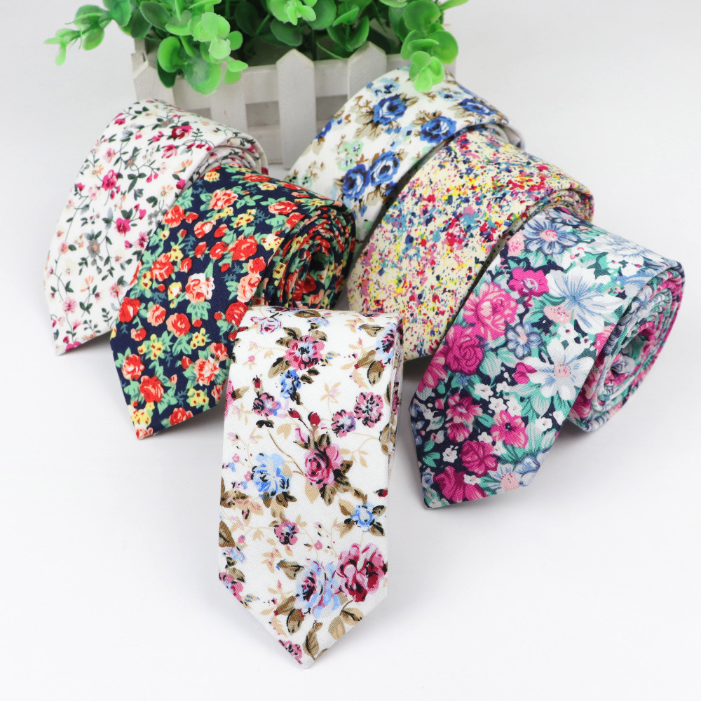 Skinny Tie Men - ผ้าฝ้ายดอกไม้ Tie ผู้ชายที่มีสีสันดอกไม้ผูกเนคไท Paisley Slim Skinny