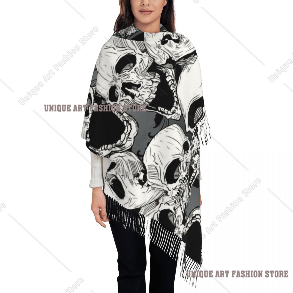 Pashmina Wrap Large - ผ้าพันคอพู่ห้อยลายหัวกะโหลกสไตล์โกธิคสำหรับผู้หญิง ผ้าคลุมไหล่ขนาดใหญ่ นุ่ม อุ่น เหมาะสำหรับฮาโลวีน ของขวัญลายการ์ตูน