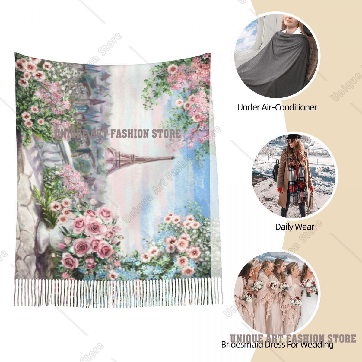 ผ้าพันคอไหมพรมลายดอกไม้สีน้ำ ร - Pashmina Wrap Large บทวิจารณ์และราคา